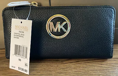 Authentic Michael Kors Fulton Black/Gold Continental Zipper Leather Wallet NWT • $69.99