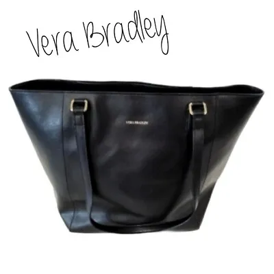Vera Bradley Genuine LEATHER Black Large Tote Bag Shopper Weekender Laptop Purse • $85