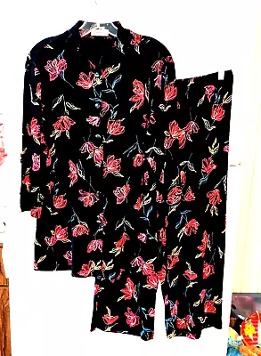 Vintage Vikki Vi Black Floral Top Wide Leg Capri Pants 2 Pc Set Plus Size 0x • $64.99