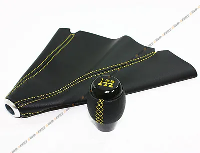 M10 X 1.25 Blk 5 Speed Leather Shift Knob W/ Yellow Stitching+ Jdm Leather Boot • $24.95