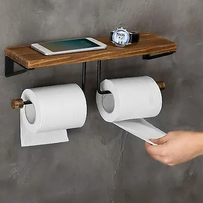 Wall-Mounted Burnt Wood & Black Metal Dual-Roll Toilet Paper Holder W/ Shelf • $17.99