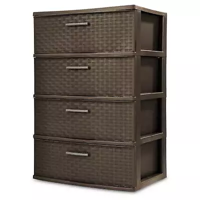 New 4 Drawer Wide Weave Tower Storage Organizer Cabinet Chest Dresser Espresso • $61.47