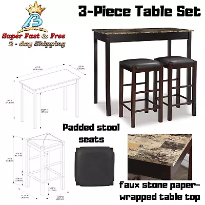 3 Piece Marble Table Stool Pub Bar Set Wood Chairs 42  X 22  X 36  Home Bistro • $224.11