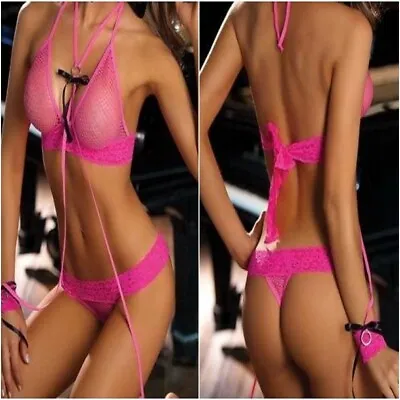 £2.99 • Buy 💖 Womens Lingerie Underwear Sleepwear 4 Piece Pink Bra Thong Wrist Tie Set 10