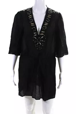 Milly Womens Black Cotton Beaded V-Neck Bell Sleeve Shift Dress Size M • $34.01