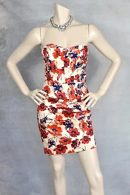 Oasis Strapless Red Floral Poppy Print Wiggle Dress 12 Boned Pencil • £11
