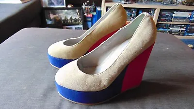 Sisley Shoes Suede Colour Block Wedge Heel UK 4 EU 37 Fawn/Purple/Cerise BNWoB • £19.99