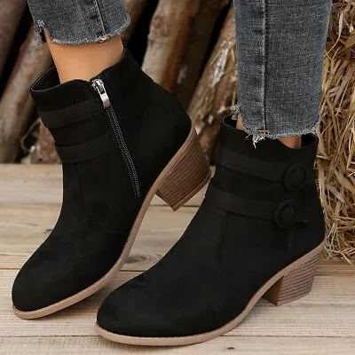 Women Faux Suede Block Heel Short Booties Side Zipper Buckle Ankle Cowboy Boots • $42.24