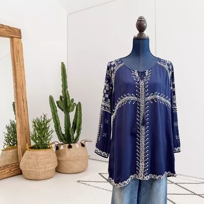 Monoreno Women's M Long Sleeve Embroidered Tassel Front Tunic Top Rayon Blue • $29.99