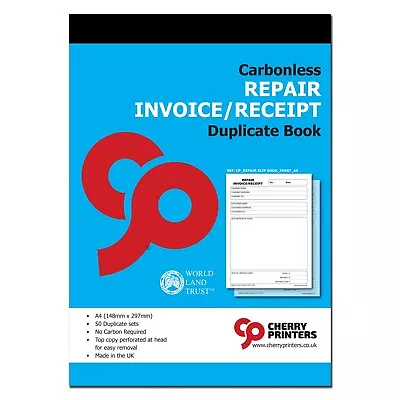 Cherry NCR Repair Invoice/Receipt Duplicate Book A4 (210mm X 297mm) 50 Sets • £9.79