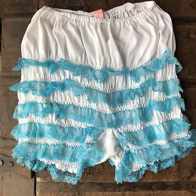 Vintage Bloomers Pettipants Small SQUARE DANCE White W/ Turquoise￼ Lace & Ruffle • $44.99