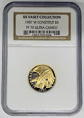 1987-W $5 Proof Constitution Gold Coin NGC PR 70 Ultra Cameo US Vault Collection • $630