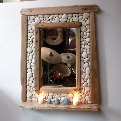 £260 • Buy Dorset Driftwood & White Beach Pebble Mirror With Shelf 86 X 71 Cm Hand Made