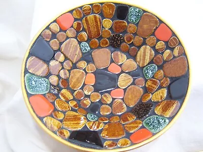 COLORFUL MCM MOSAIC TILED BOWL STONE WOOD Gold Gilt Serving Chip Orange Green  • $19.98