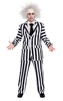 Men's Black And White Striped Suit Halloween Movie Fancy Dress Costume • £44.99