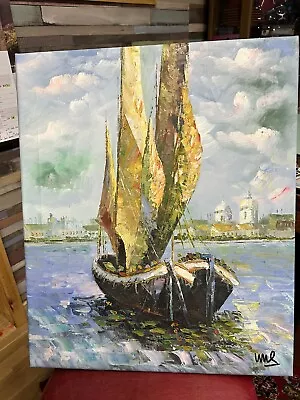 Large Original Oil Painting Boats Seaside Coast Sailing Harbour River 60cm X50cm • £160