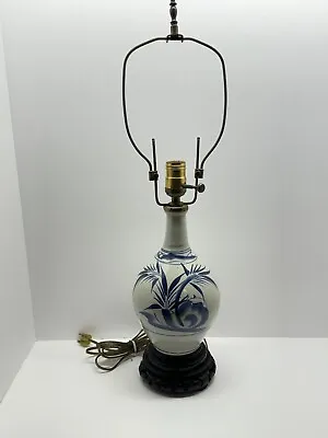 Vintage Chinoiserie Lamp Blue White On Wooden Stand  • $49.99