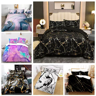 Gold Black Marble Doona Duvet Quilt Cover Single/Double/Queen/King Size Bedding • £10.79