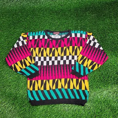 Vintage 80s Harlequin Check Striped Knitted Sweater Womens M Pink White Yellow • $54.17