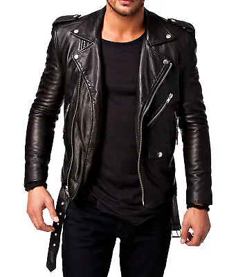 New Mens Brando Black  Sheep Skin Leather Jacket Asymmetrical  Biker Motorcycle • $89.99