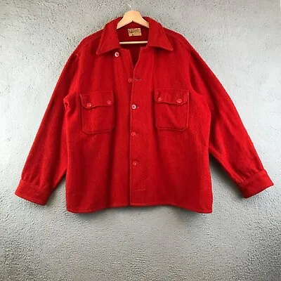 Vintage 40s Mens North Country Wool Double Pocket Button Shirt Jacket Red USA XL • $124.99