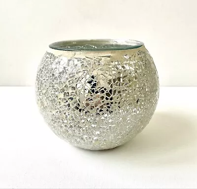 Large Mosaic Tea Light Holder Crackle Glass Candle Holder Crazed Effect 12cmH • £9.95