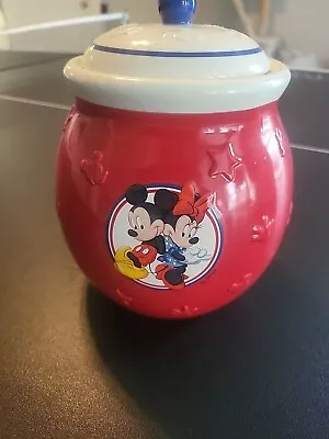 WALT DISNEY Minnie And Mickey Mouse Cookie Jar Candy Canister Red & Blue W/ Lid • $22.99