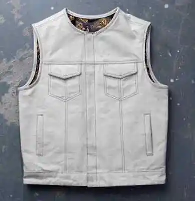 Hunt Club Style Mens White Paisley Leather Vest Motorcycle Biker Concealed Carry • $129.99