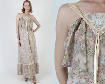 Vtg 70s Romantic Muted Floral Print CottageCore Dress Scarf Layered Lace Maxi • $87