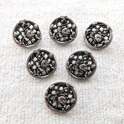 YOU PICK Vintage Silver Metal SEWING BUTTONS Rose Or Blue Flower Set Of 6 Or 12 • $5.99