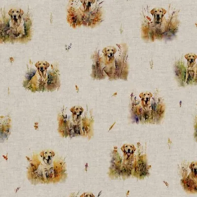 Cotton Rich Linen Look Fabric Yellow Labrador Retriever Dog Upholstery • £5.40