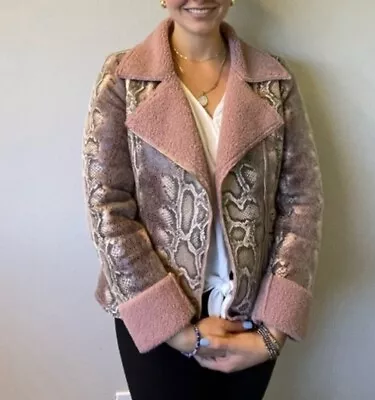 V Cristina Pink Fleece Lined Snakeskin Moto Jacket Womens Size Small EUC • $22