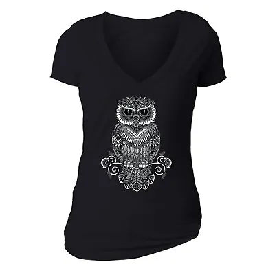 Womens Line Art Owl Day Dead Sugar Skull Dia Los Muertos Animal Mexican T-Shirt • $19.49