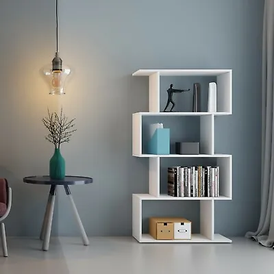 Wooden S-Shaped Bookcase Display Shelves Living Room Modern Storage Unit Divider • £28.79