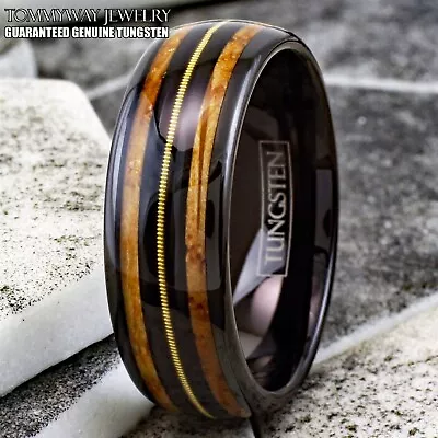 8mm Black Tungsten Whiskey Barrel Wood W/ Guitar String Men's Wedding Band Ring • $24.99