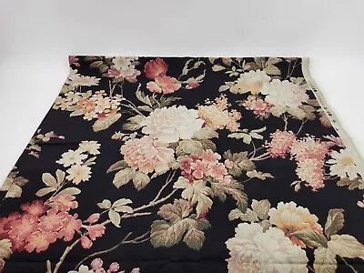 2+ Yds Floral Cabbage Roses On Black Fabric Flowers Cotton Slubs Upholstery • £28.92