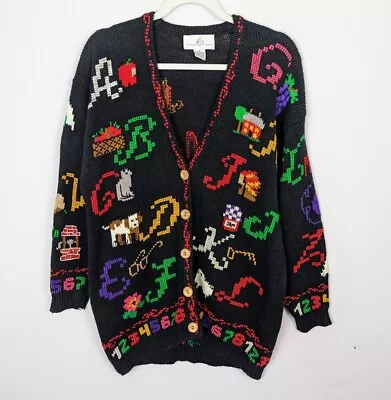 90s Design Options  Miss Frizzle Alphabet ABC Numbers Teacher Cardigan Sweater M • $119.99