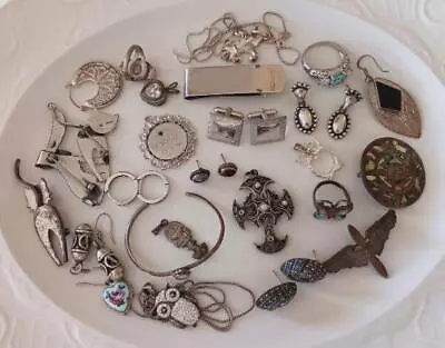 4 Oz Vintage Sterling Silver Jewelry Lot 25 Pcs Ring Pin Pendant Earring Scrap • $119.99