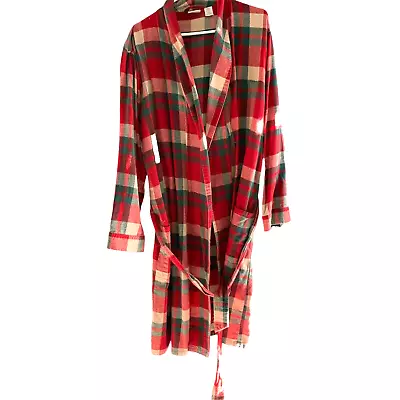 LL Bean Mens  Red Plaid Cotton Flannel Robe Sz L Regular • $24.75