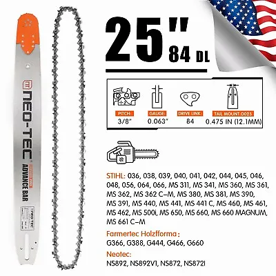 25'' Chainsaw Guide Bar 3/8  0.063  84DL Chain For STIHL MS362 MS390 MS391 MS440 • $69.48
