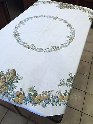 60s Round Thanksgiving Cornucopia Tablecloth Horn Of Plenty Fruit Pattern 66x68  • $49