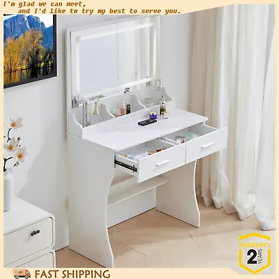 LED Lighted Modern Dressing Table Vanity Desk Makeup White Set With Large Mirror • $141.75