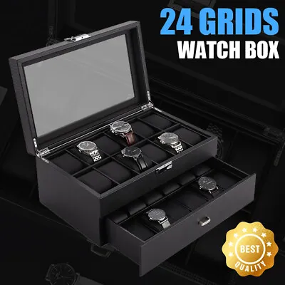 24-Slot Double Carbon Fiber Luxury Watch Box Drawer Display Organizer Storage • $52.99