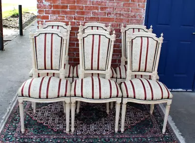 Set Of 6 French Antique  Louis XVI Upholstered Panted White Dining Chairs • $2600