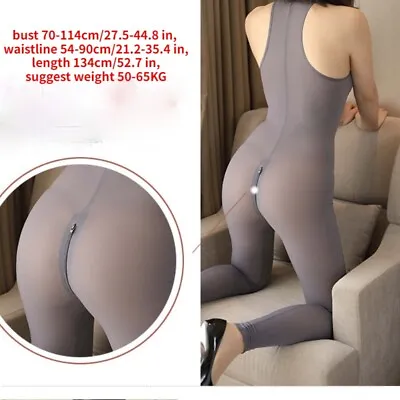 Women Bodycon Catsuit Bodysuit Silky Zip Crotch Teddy Leotard Jumpsuit Sexy • £18.84