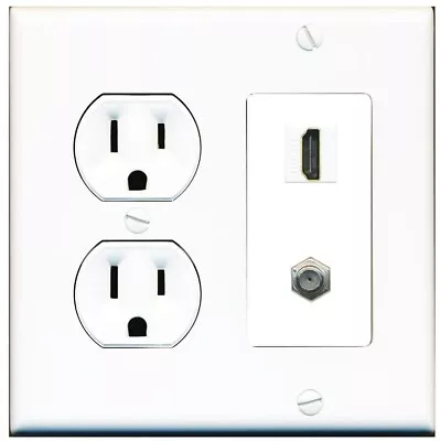 [ 2 GANG ] 15 Amp Round Power Outlet HDMI Coax Combination Wall Plate White • $15.66