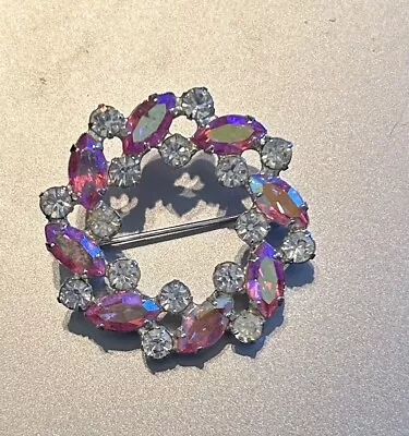 B. David Brooch/Pin Round Silver Tone Pink Crystal Rhinestones Signed • $20