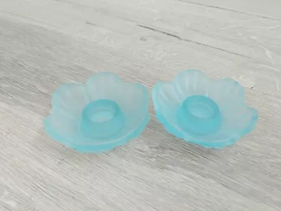 Vintage Pressed Frosted Glass Flower Taper Candle Holders Light Baby Blue 3 3/8  • $22.99