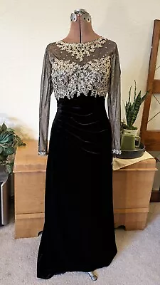 Retro Black Stretch Velvet Gold Lace Evening Gown XSCAPE 8P 1930s/70s Style EUC • £53