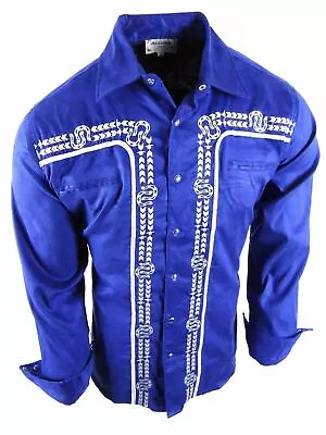 Mens Western Rodeo Shirt Embroidered Horseshoe Stripe Snap Up Faux Suede Stretch • $19.95